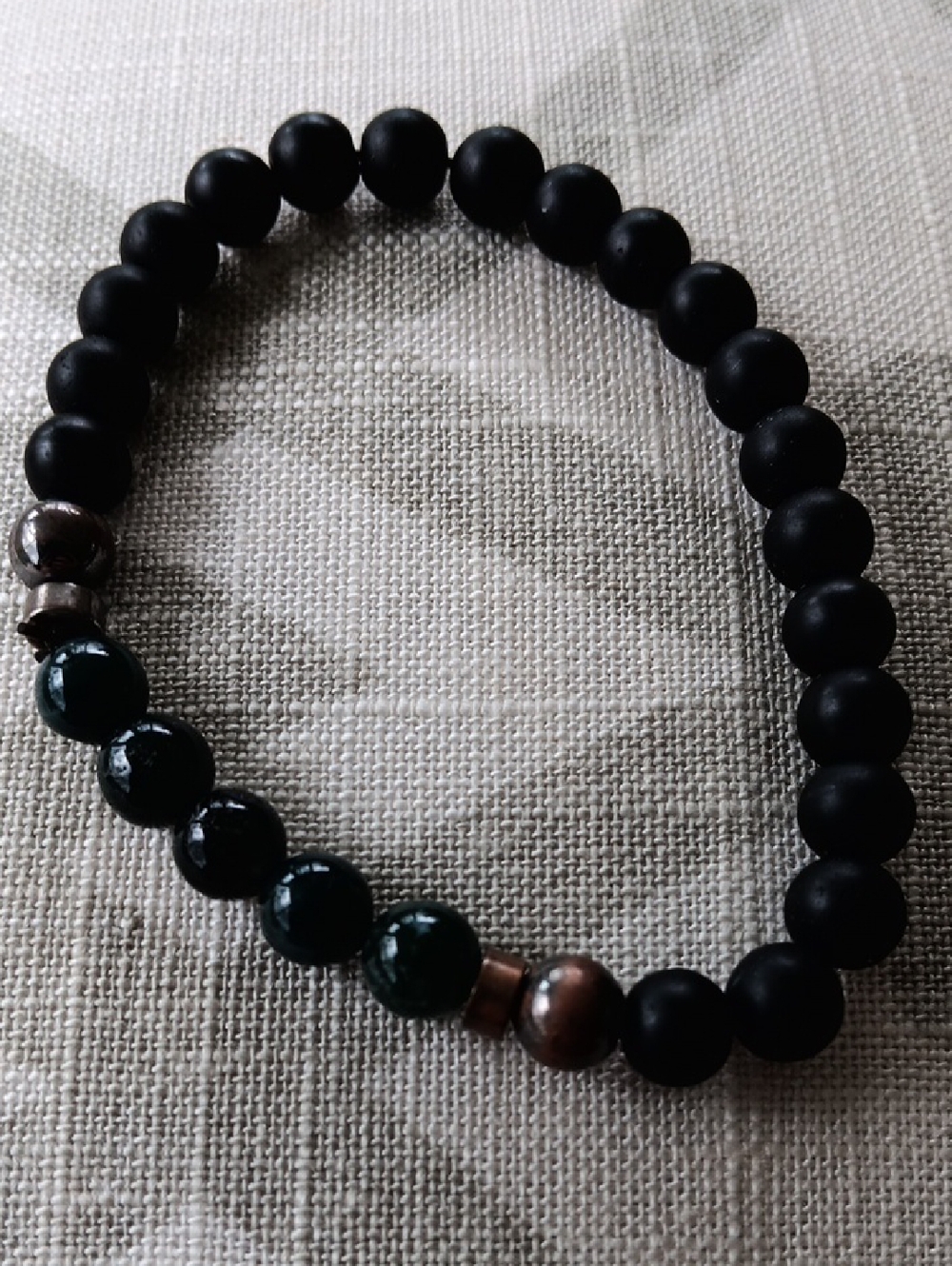 Men's Gemstone Beaded Matte Black and Dark Green Bead Stretch Bracelet